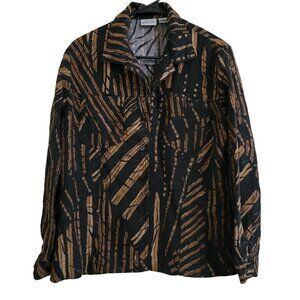 Chicos Button Up Shirt Womens Size 1 Medium Black Brown Striped Long Sleeve Top